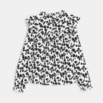 بلوزة مكشكشة بطبعة باللون الأسود للفتيات